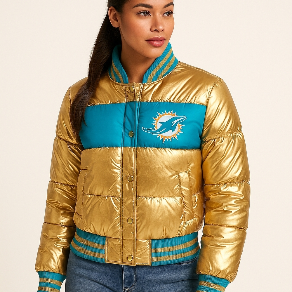 ✨ Miami Dolphins Women’s Gold Aqua Puffer Jacket G-III Apparel Group Sz L NFL Fo